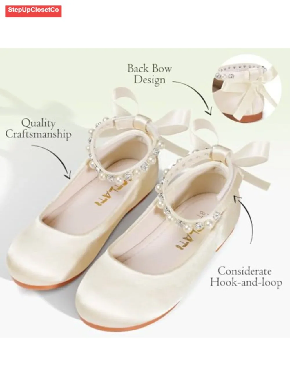 Toddler Girl Satin Mary Jane Flats with Rhinestone Pearl Strap Princess Shoes
